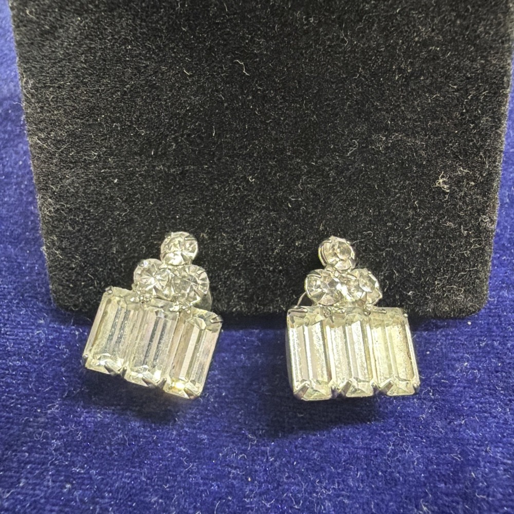 Vintage Silver-Tone Rhinestone Baguette Cluster Clip-On Earrings USA Made